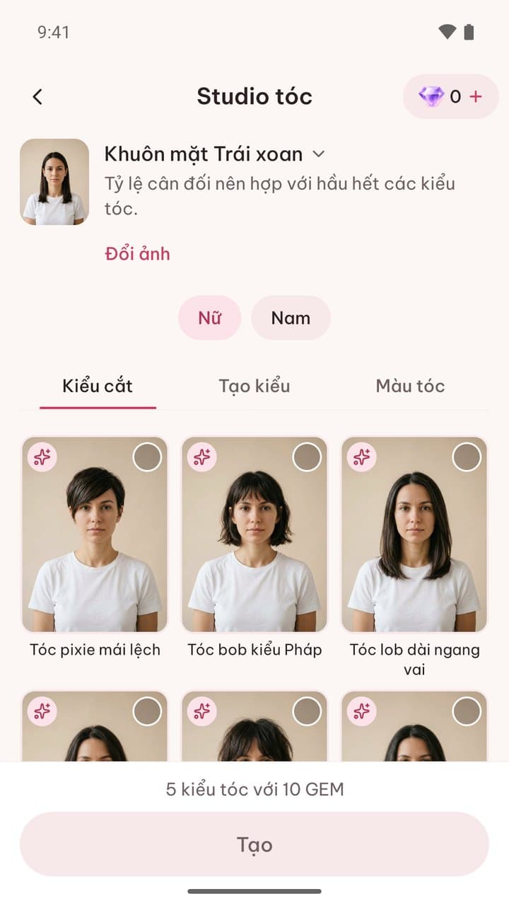 Studio tóc: chọn nữ hoặc nam, nhóm kiểu cắt, tạo kiểu và màu tóc, lưới ảnh mẫu kiểu tóc