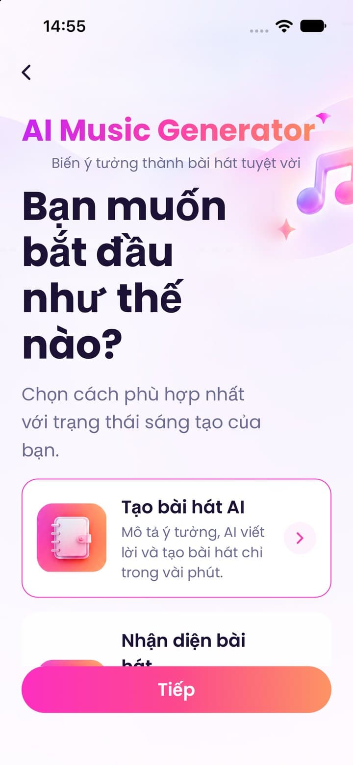 Màn bắt đầu: chọn cách sáng tác, gồm tạo bài hát AI và nhận diện bài hát