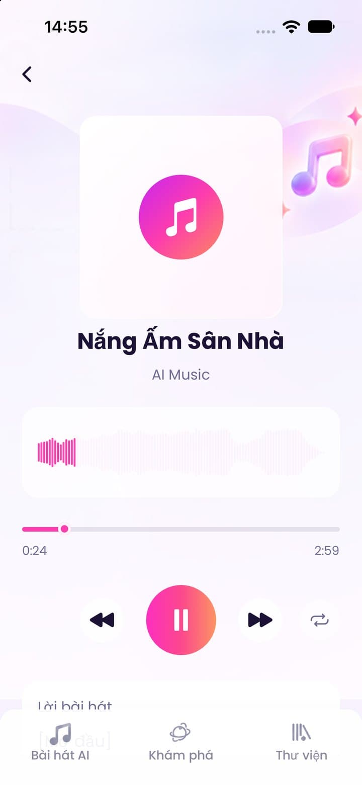 Trình phát: sóng âm, thanh tiến trình và nút điều khiển của bài Nắng Ấm Sân Nhà