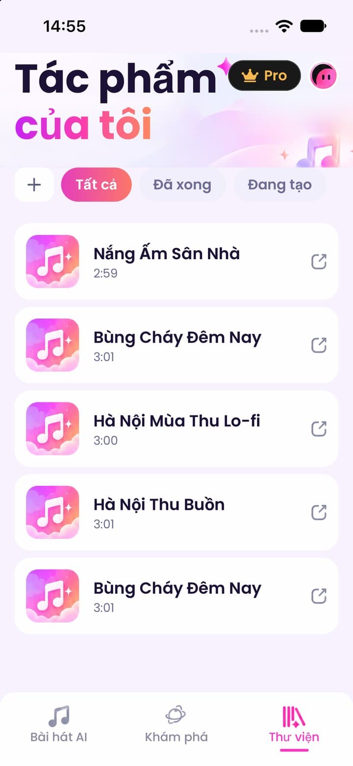 Thư viện Tác phẩm của tôi: danh sách bài đã tạo, lọc theo đã xong và đang tạo