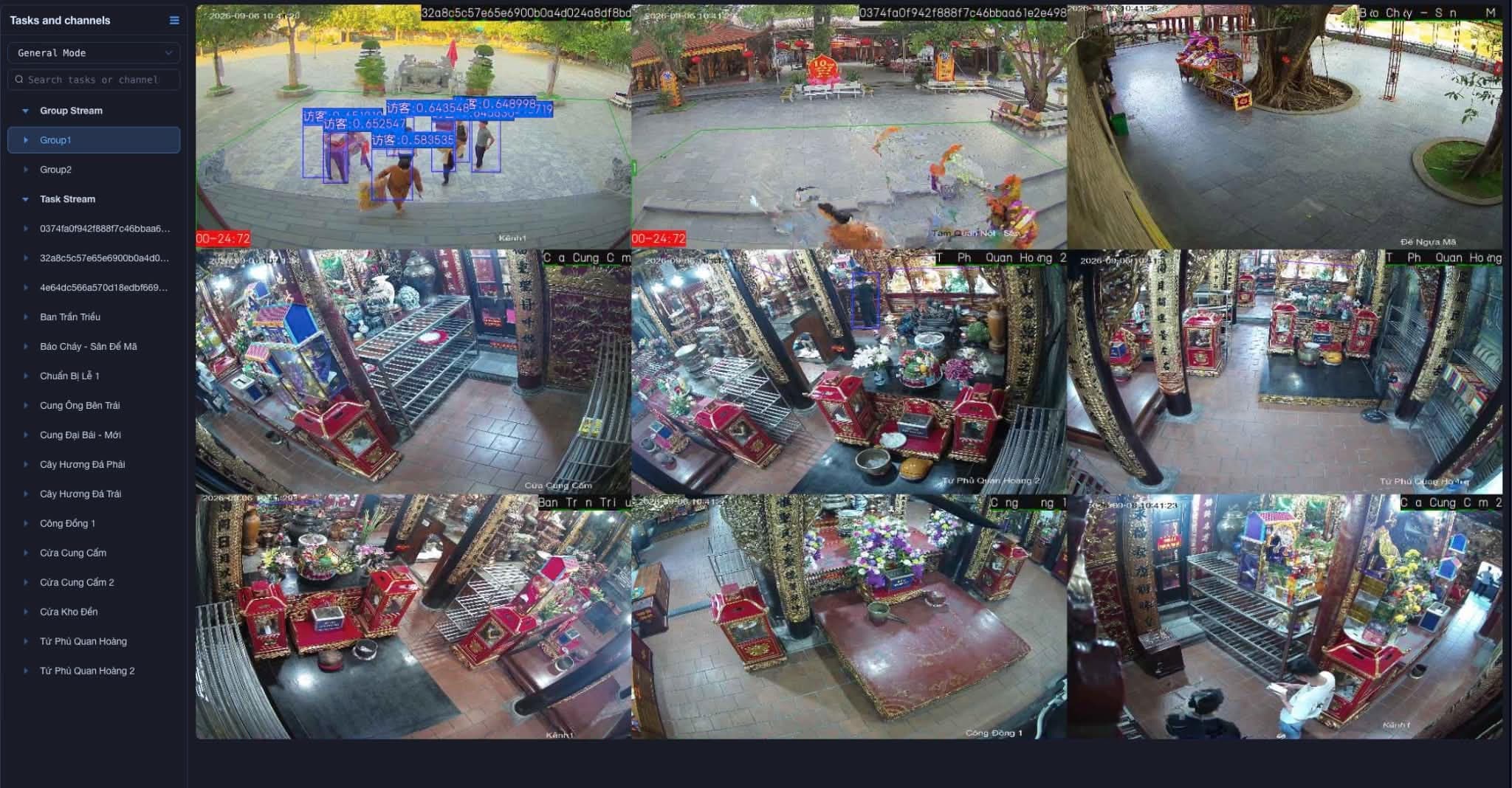 Tasks and channels screen: task tree and a 3×3 video wall with AI overlays (zones, person boxes, timers)