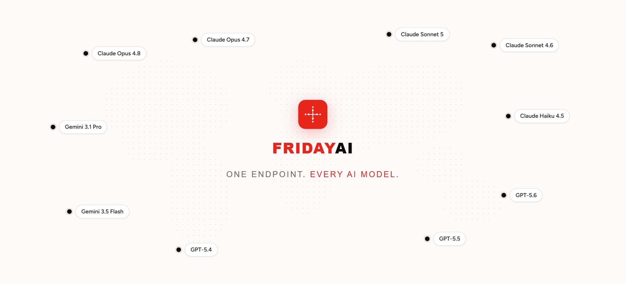 Screenshot of the FridayAI website — the logo at the centre, surrounded by Claude, GPT and Gemini models