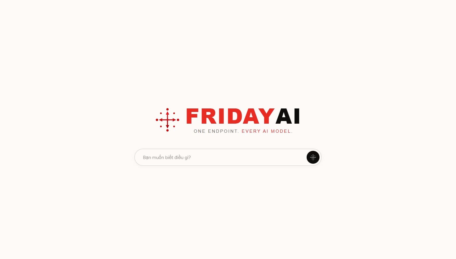 Ảnh chụp trang chủ FridayAI với logo và ô hỏi đáp