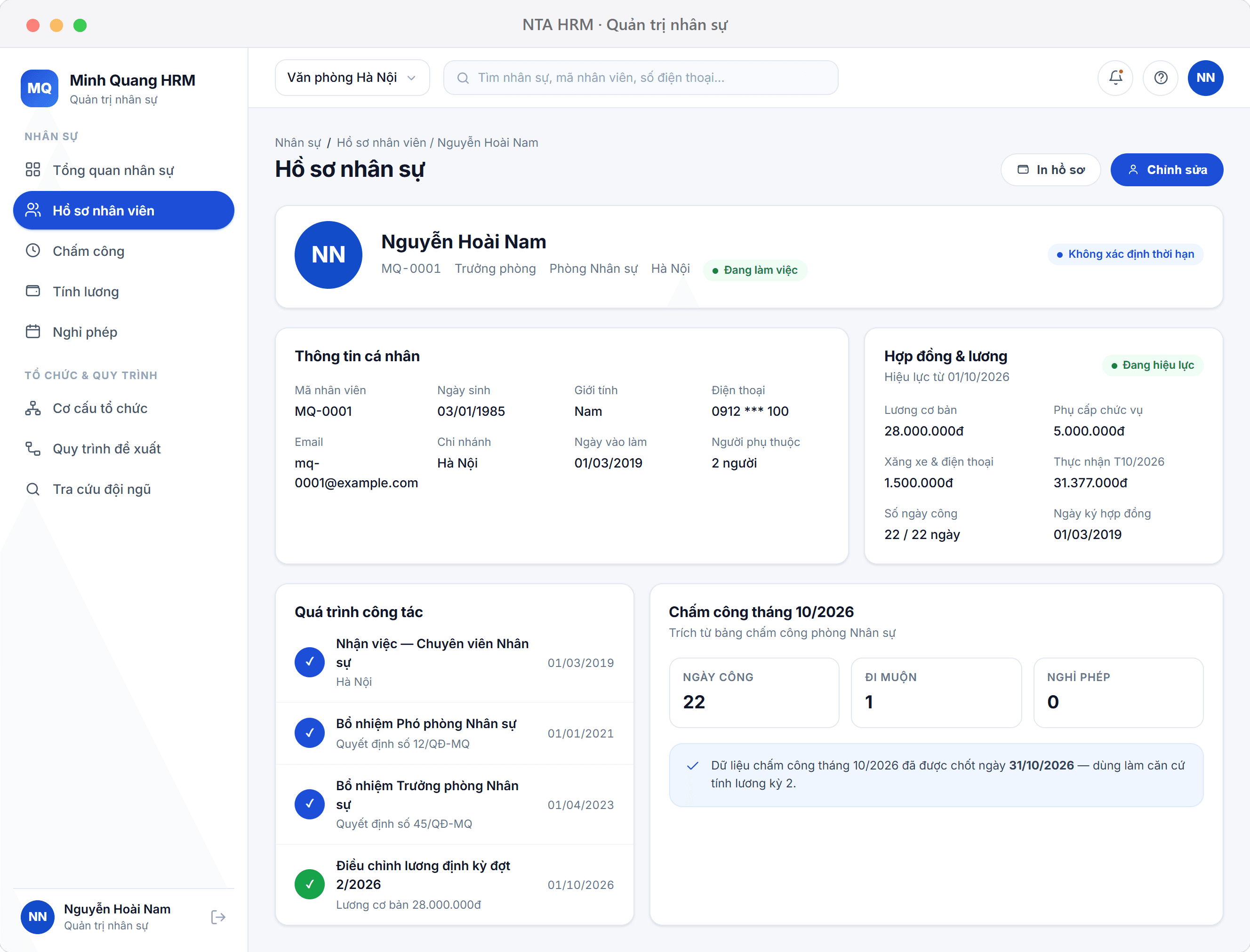 Illustrative interface — detail profile of one employee
