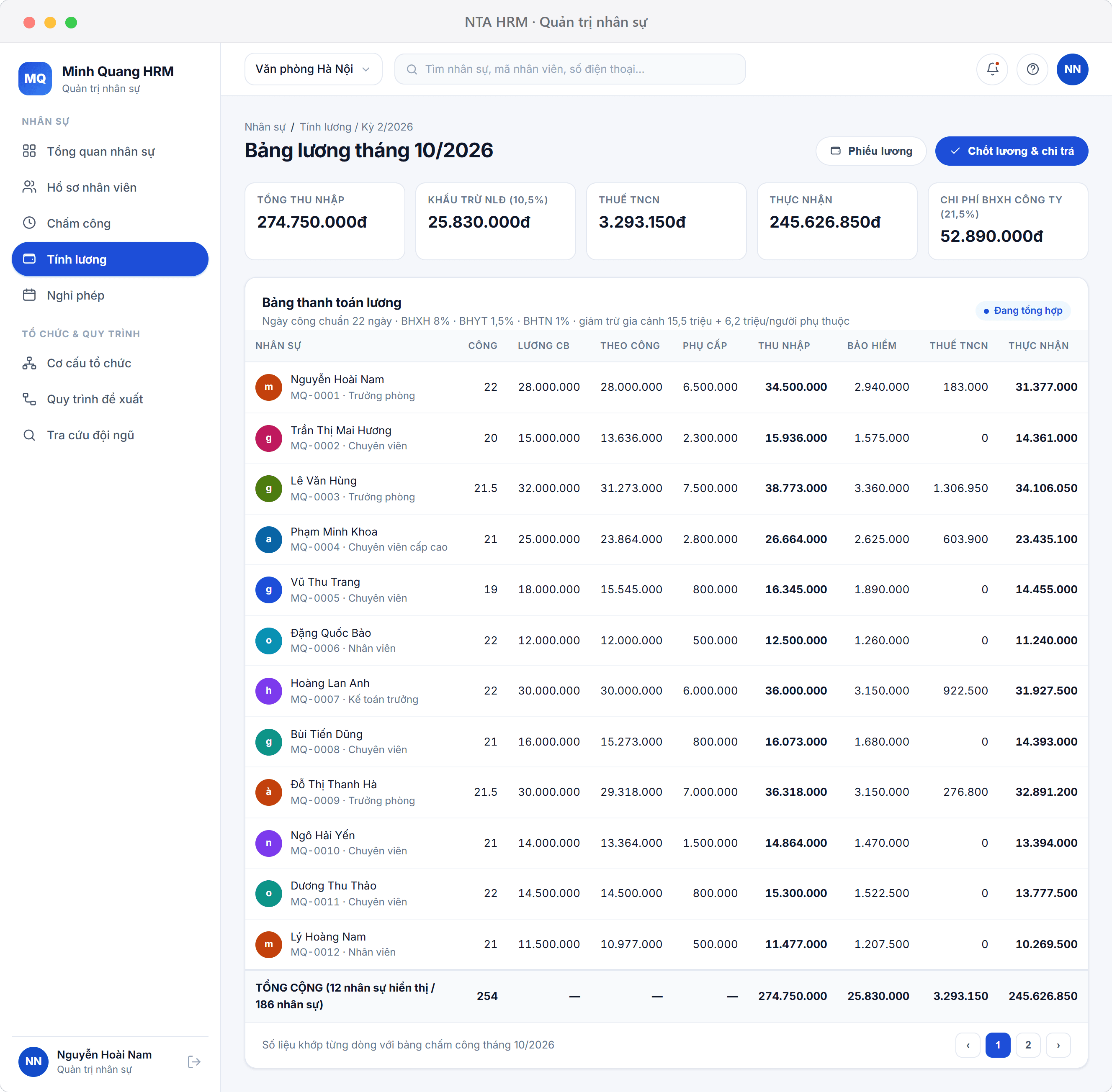 Illustrative interface — payroll table with insurance and tax items