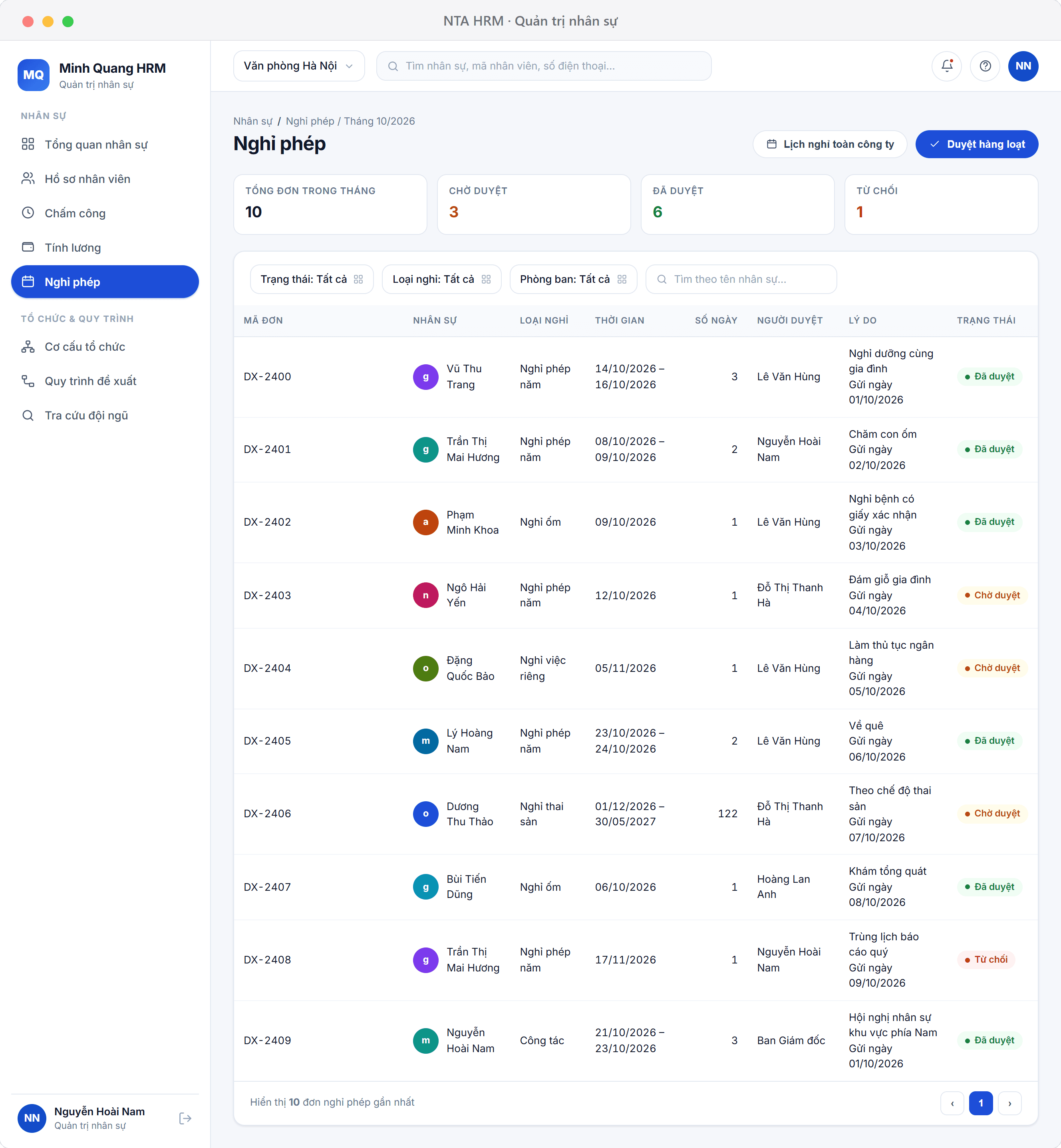 Illustrative interface — leave requests awaiting approval