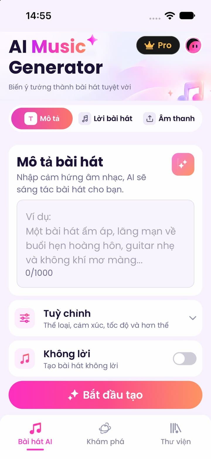 Màn tạo bài hát: ô mô tả bài hát tối đa 1.000 ký tự, mục tuỳ chỉnh thể loại, cảm xúc, tốc độ, công tắc không lời và nút Bắt đầu tạo
