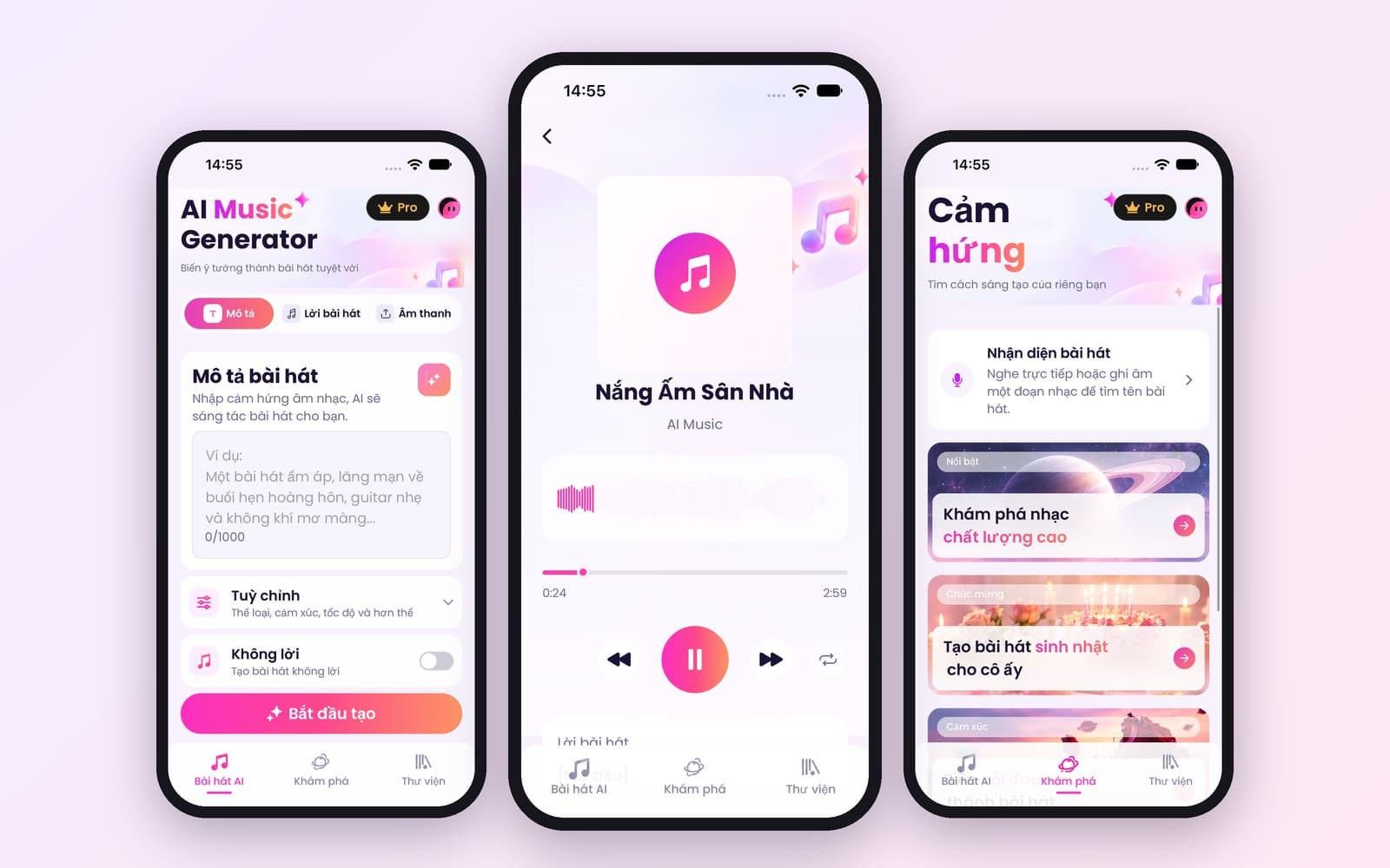 Ba màn hình app: mô tả bài hát cần tạo, trình phát đang phát bài Nắng Ấm Sân Nhà, và trang Cảm hứng